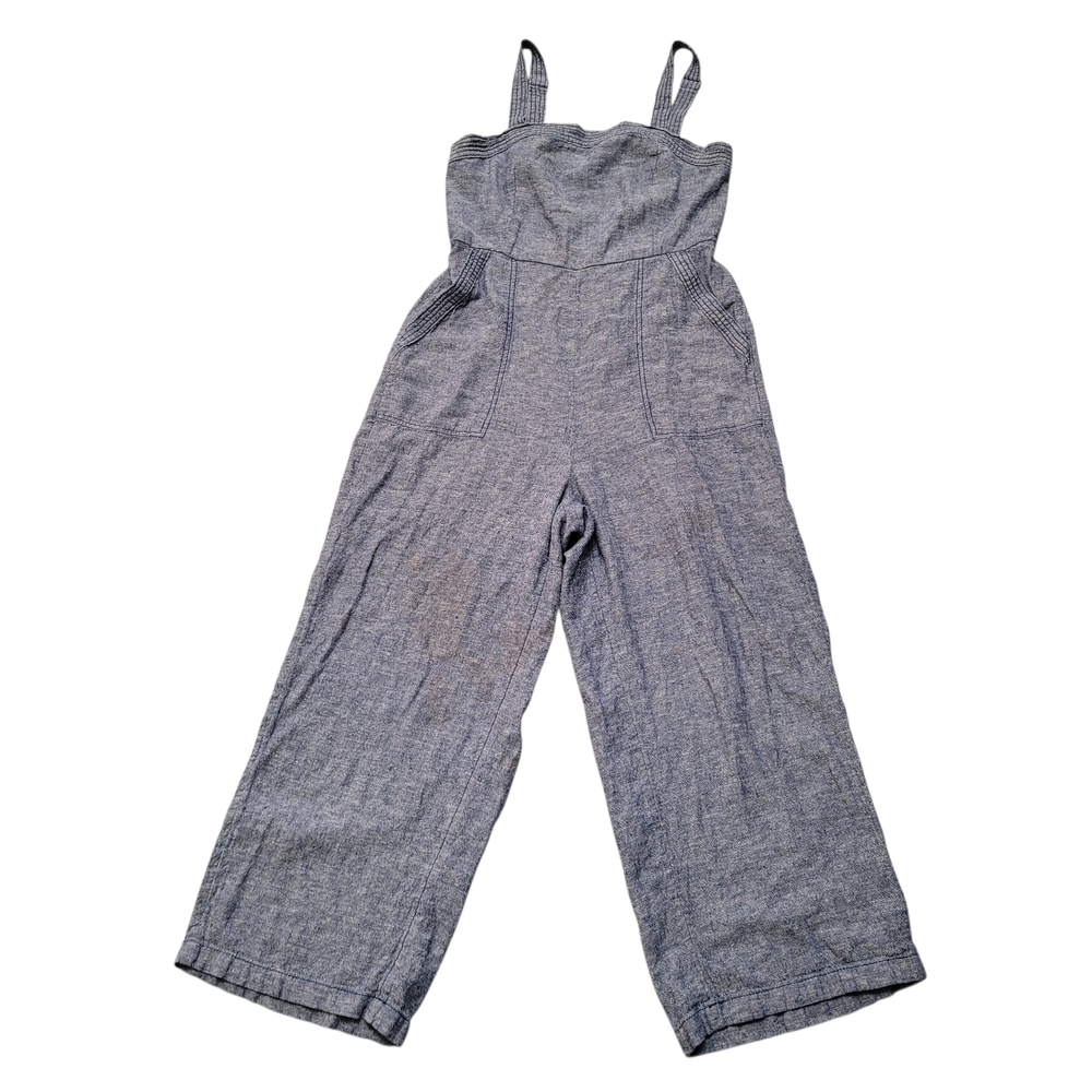 Old Navy Overalls Linen Rayon Blue Sleeveless Pockets Wide-Leg Jumpsuit Smocking